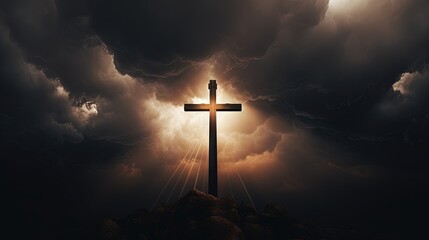 Poster - Dramatic image showing a religious church cross framed against a moody sky that is beginning to open and pierce light through behind the cross, showing the Lord's presence.