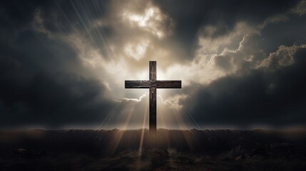 Poster - Dramatic image showing a religious church cross framed against a moody sky that is beginning to open and pierce light through behind the cross, showing the Lord's presence.