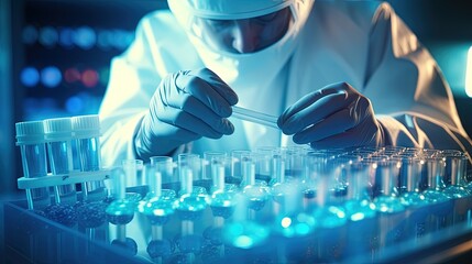 Wall Mural - Scientist pipetting sample into vial for DNA testing. Scientist loads samples DNA monkeypox amplification by PCR into plastic strip tubes. Biochemistry specialist works with lab equipment