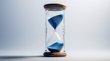 A Minimalist, Glass Hourglass With Blue Sand Running Out, Symbolizing The Old Year's End.