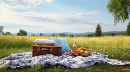 Sticker - Picnic duvet with empty bascket on the meadow in nature. Panoramic view. Concept of leisure and family weekend.