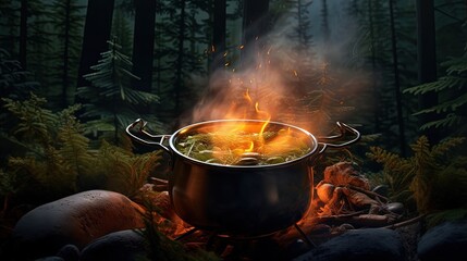 Sticker - A pot of hot food in the forest, outdoor recreation at night. Hiking, travel and wilderness recreation, cooking soup over the fire.