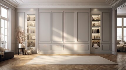 Poster - Nice room with large window, pine wood floors and built-in wardrobes with gray doors
