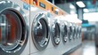 BANGKOK-THAILAND-July 20, 2022 : Selective focus to many washing machines in the laundry service center. Washing machines in the retail store.