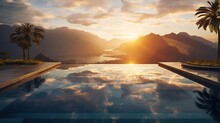 Infinity Pool With Amazing Mountain And Ocean View At Sunset. Sun Rays And Mist. Cloud Reflection In Water. Luxury Hotel Viewpoint.