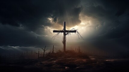 Poster - Dramatic image showing a religious church cross framed against a moody sky that is beginning to open and pierce light through behind the cross, showing the Lord's presence.