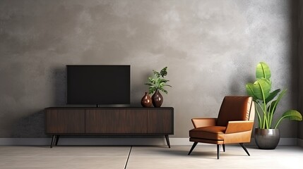 Poster - Cabinet TV in modern living room with armchair and plant on concrete wall background.3d rendering