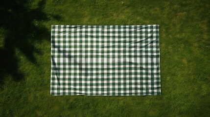 Poster - top view of picnic blanket on ground, advertising concepts, copy space. linen tablecloth or white textile plaid on green lawn in garden outdoor at summer day, flat lay