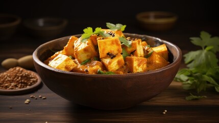 Wall Mural - Indian Mutter paneer dish with spices on the wooden background