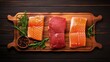 Raw steaks - fish salmon, beef meat and turkey breast fillet on a cutting board. Wooden background. Top view. Copy space.