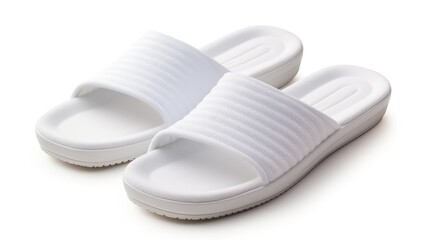 White house slipper isolated over white background. slippers from hotel, airplane are on white floor, home slippers, home footwear. Clear warm domestic sandal. Bed shoes accessory footwear(over white)