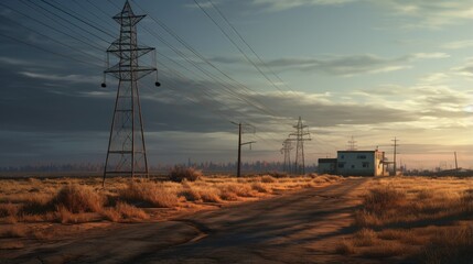 Canvas Print - high voltage pole and has overhead power lines to bring energy into the village