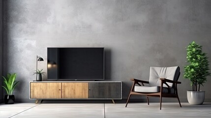 Aufkleber - Cabinet TV in modern living room with armchair and plant on concrete wall background.3d rendering