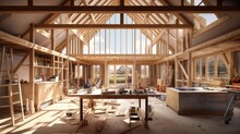 Interior Of A UK Timber Frame House Under Construction