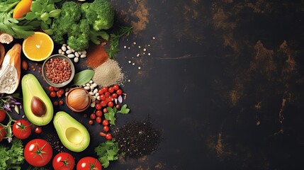 Wall Mural - Fresh delicious ingredients for healthy cooking or salad making on rustic background, top view, banner. Diet or vegetarian food concept.