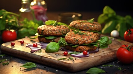 Poster - Healthy vegetarian meat free burgers on round chopping board with vegetables and spinach on light background.