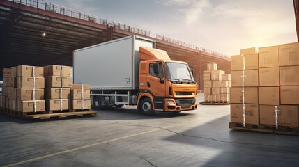 Sticker - Stacked of Package Boxes on Pallets Loading with Shipping Cargo Container. Truck Parked Loading at Dock Warehouse. Delivery. Supply Chain. Warehouse Logistics. Cargo Freight Truck Transportation.