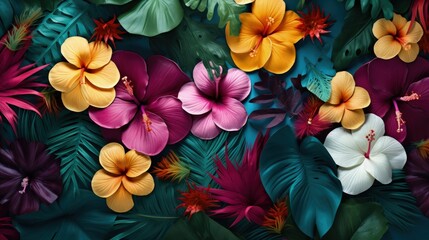 Aufkleber - Creative nature layout made of tropical leaves and flowers. Flat lay. Summer concept.