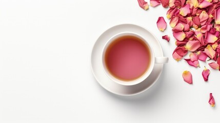 Poster - Rose tea creative layout. Dried rose petals, buds, flowers in tea cup isolated on white background. Alternative medicine concept. Top view, flat lay. Design element