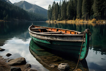 A Lone Canoe On A Misty Lake. Generative Ai