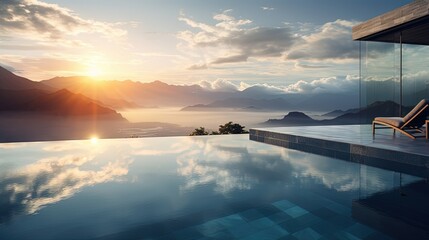 Canvas Print - Infinity pool with amazing mountain and ocean view at sunset. Sun rays and mist. Cloud reflection in water. Luxury hotel viewpoint.