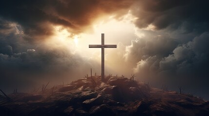 Poster - Dramatic image showing a religious church cross framed against a moody sky that is beginning to open and pierce light through behind the cross, showing the Lord's presence.