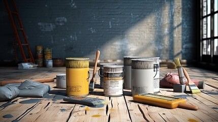 Wall Mural - Preparation for painting works. Banks with paint, brushes and rollers are on the concrete floor. Home repair. The image is suitable for advertising a store of construction products