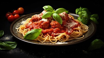 Vegetarian spaghetti with meat free, vegan meatballs in rich tomato sauce, grated cheese and basil leaves