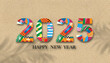 Happy New Year 2025 on Sandy Beach Texture background with Palm leaf shadow,Vector illustration Backdrop Brown Beach sand dune with barefoot for Chrismas , New Year banner