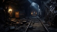 Underground Mine Passage With Rails And Light