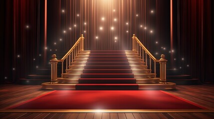 Leinwandbilder - Illuminated pedestal with red carpet in wooden interior. Leadership and win concept. 3D Rendering