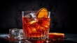 © HN Works - Negroni alcoholic cocktail drink with dry gin, red vermouth and red bitter, orange slice and ice cubes. Gray background, bar tools, copy space