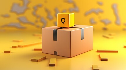 Poster - 3D brown cardboard box and location pins isolated on yellow background. online shopping concept express delivery service banner decoration. 3d illustration. 3d render.