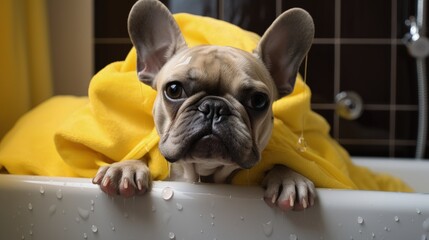 french bulldog dog in a bathtub not so amused about that , with yellow plastic duck and towel, behind shower curtain ,wearing a bathing cap