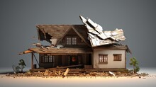 A Wooden House With A Crack. The Concept Of A Damaged House, Dilapidated Housing. Home Repair After Disaster. Renovation, Restoration Of The Old Building. Property Insurance. Damage. Weather Element.