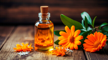 Wall Mural - Calendula essential oil in a bottle. Generative AI,