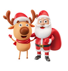 Wall Mural - Santa Claus with reindeer in 3d render illustration