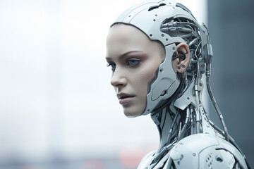 Humanoid robot woman werewolf closeup urban light portrait, Industry, smart factory, future of AI in industrial engineering