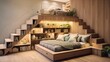 a loft bedroom with a staircase leading to a bed with hidden storage
