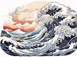 Japan swirl wave ocean painting illustration. tsunami drawing, Japanese asia and oriental traditional line art design.