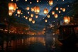 © Matthew - Chinese Nighttime lantern festival, glowing sky lanterns, reflection on water, riverside celebration, silhouetted figures, tranquil scenery, warm lighting, cultural event, peaceful illustration