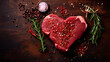 A piece of raw meat in the shape of a heart. Generative AI,