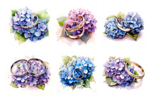 Watercolor Illustration Wedding Rings With Hydrangea Isolated