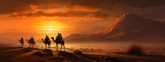 Camel caravan at sunset in the desert. Generative AI,