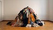 Large pile of clothes in an empty room. ai generative