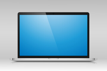 Wall Mural - a laptop with a blue screen and a glare on a gray gradient background. realistic laptop layout in a 