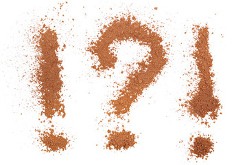 Wall Mural - Cocoa powder question mark and exclamation mark, symbol isolated on white, clipping path