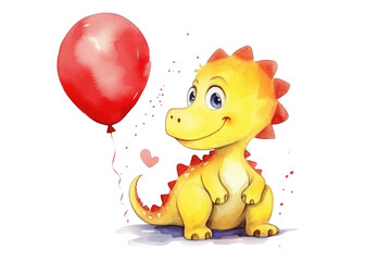 Wall Mural - Cute Yellow Dinosaur with Red Balloon Isolated on White Background Watercolor Illustration. Greeting Birthday Card for Children