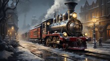 Christmas Decorated Train Winter Background AI Generated Illustration