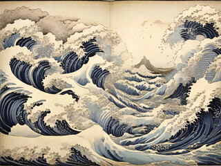 Japan swirl wave ocean painting illustration. tsunami drawing, Japanese asia and oriental traditional line art design.